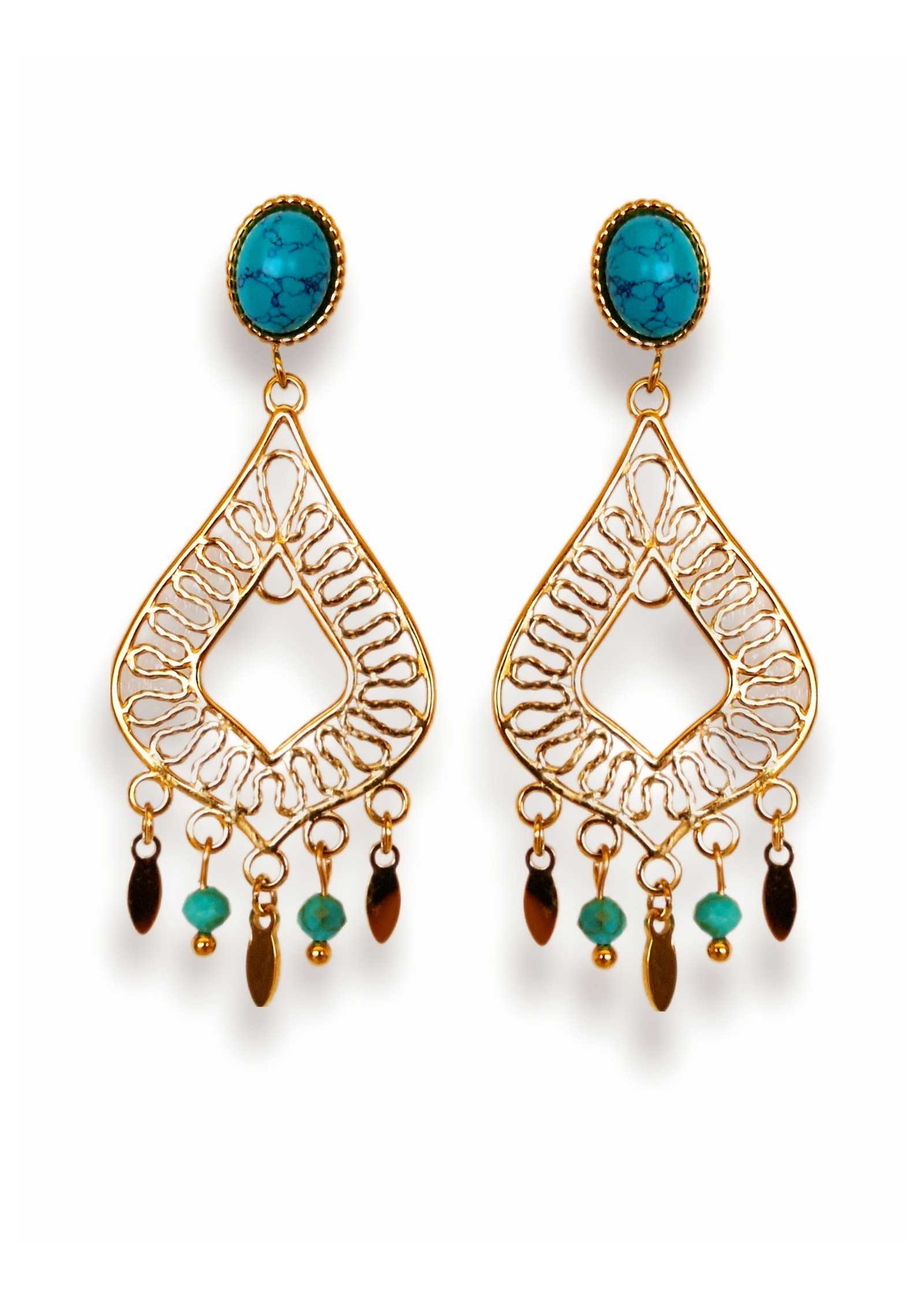 Brincos em Aço dourado turquesa