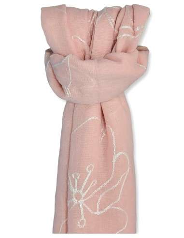 Echarpe Primavera Delicada: Flores Bordadas em Branco, Viscose e Algodão